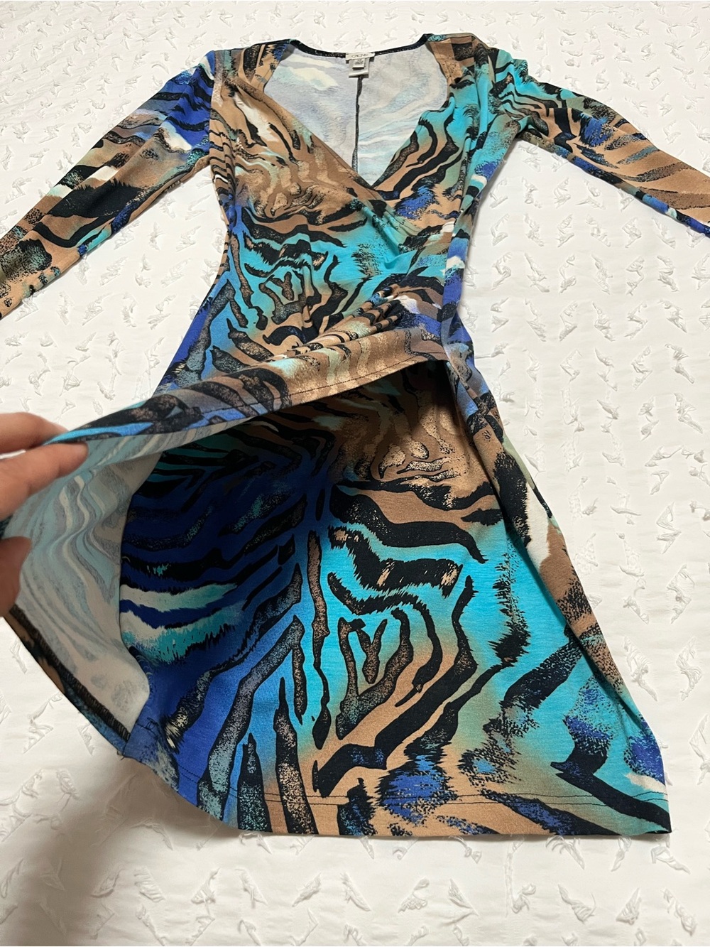 Vintage Cache Teal, Blue & Brown Animal-Print Wrap Dress - Picture 7 of 7
